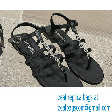 Chanel Satin, Metal & Strass Thong Sandals G40128 Black 2023